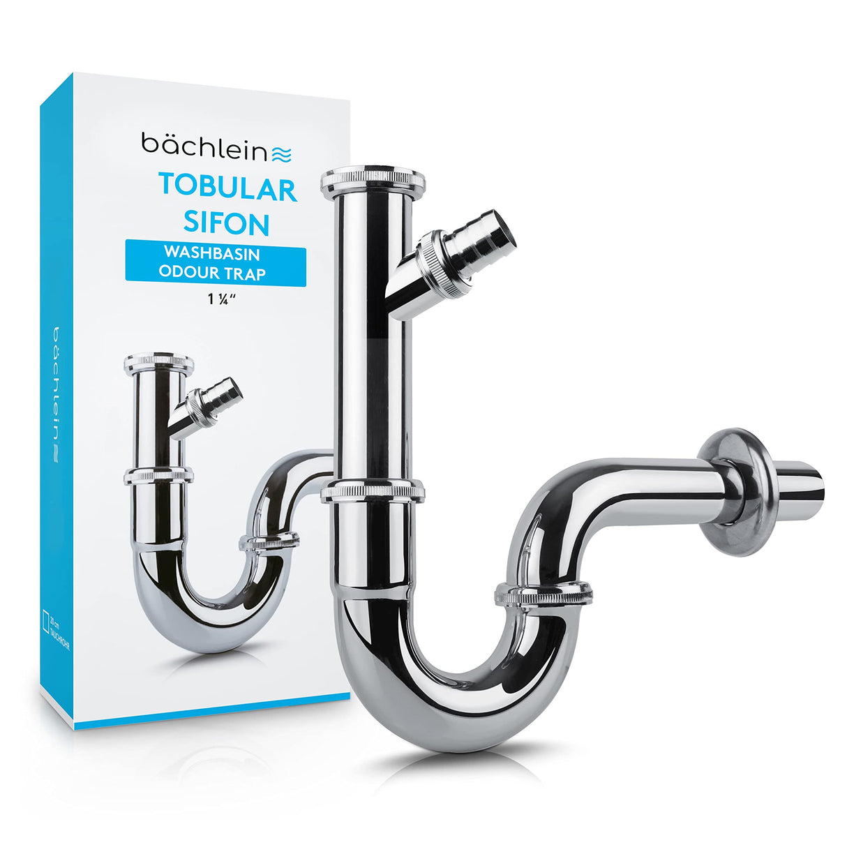 Bächlein Universal Siphon for Washbasin and Washstand (Extra Long 200mm + Appliance Connection) - Odour Trap incl. Rubber Sleeve - Tubular Siphon
