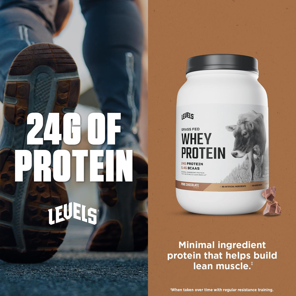 Levels Grass Fed Whey Protein Powder, No Artificials, 24G of Protein, Pure Chocolate, 2LB
