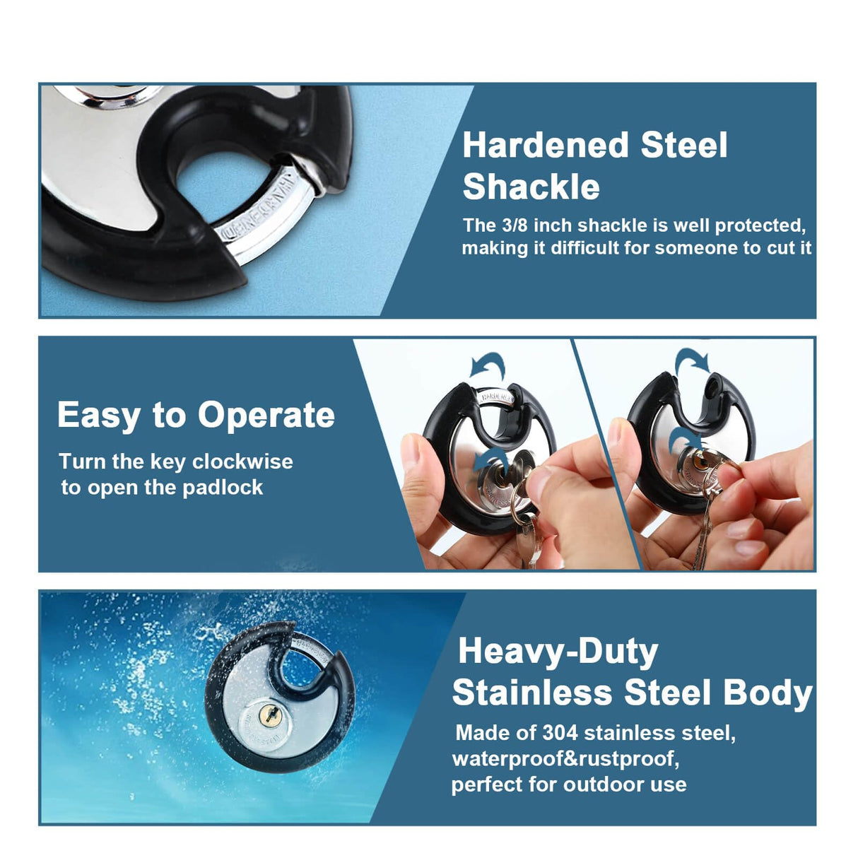 DAYGOS Heavy Duty Padlock with 8 Keys, 70mm Disc Keyed Lock for Storage Shed, Garage, Storage Lockers, Sliding Doors, Tool Box, and Cabinets (4 Pack Keyed-Alike, 3/8-Inch Shackle, Rubber Bumper)