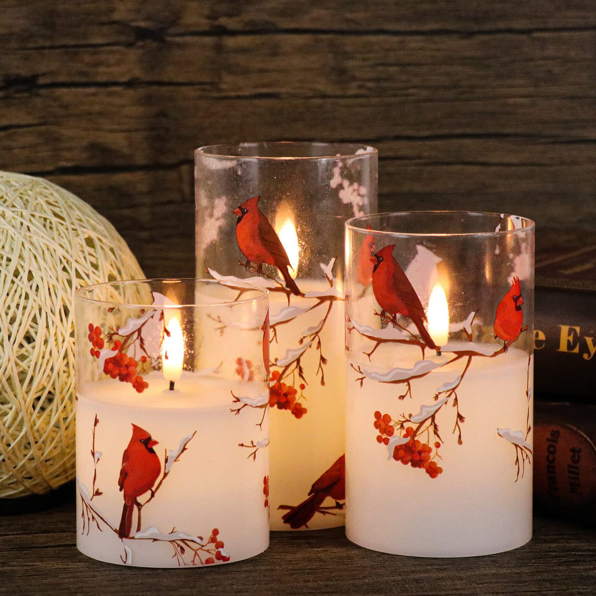 GenSwin Red Bird Glass Flameless Candles with Remote Timers, Battery Operated 3D Wick Led Flickering Light, Real Wax Pillar Candles for Christmas Home Decoration(Pack of 3, 3”x4”5”6”)