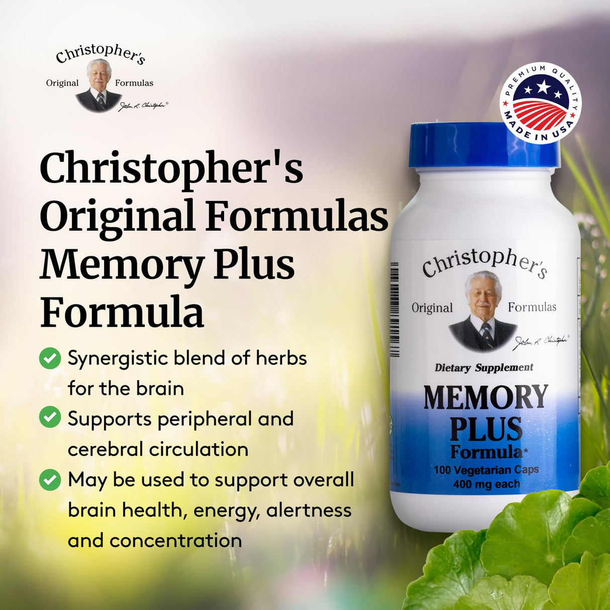 Christopher's Original Formulas Memory Plus Herbal Blend - Brain Supplements for Memory & Focus - Supports Cognitive Function, Energy, & Alertness