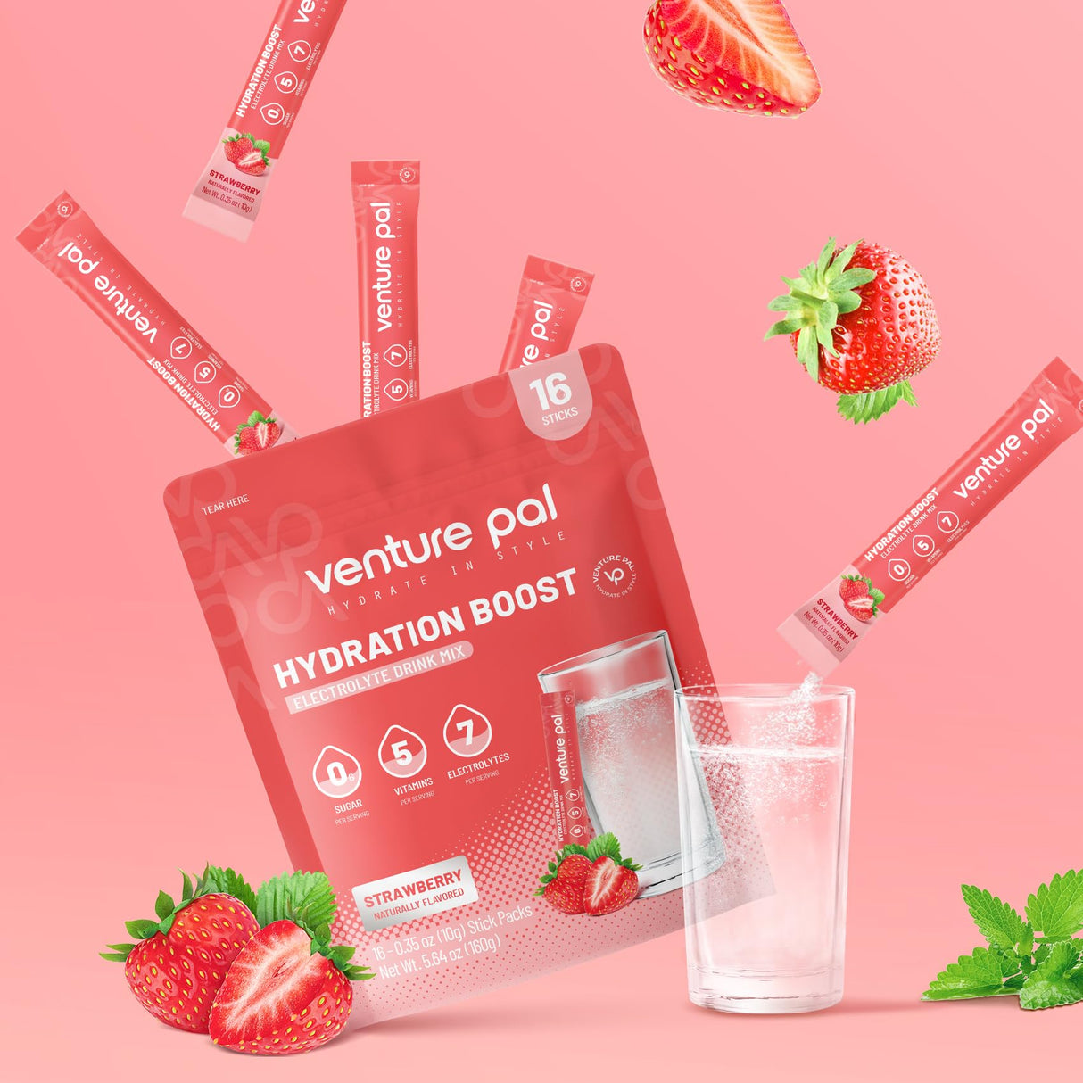 Venture Pal Sugar Free Electrolyte Powder Packets - Liquid Daily IV Drink Mix for Rapid Hydration & Party Recovery | 5 Vitamins & 7 Electrolytes| Keto Friendly | Non-GMO | Certified Vegan | 16 Sticks