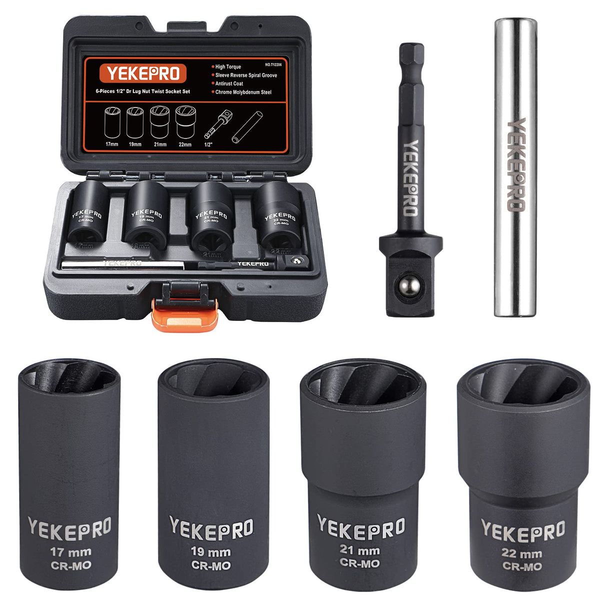 YEKEPRO 6 PCS Lug Nut Removal Tool, 1/2-inch Drive Impact Twist Socket Set & Bolt Extractor Set, 17,19,21,22MM Wheel Lock Removal Kit for Removing Damaged, Frozen, Rusted, Nuts & Screws, Cr-Mo Steel