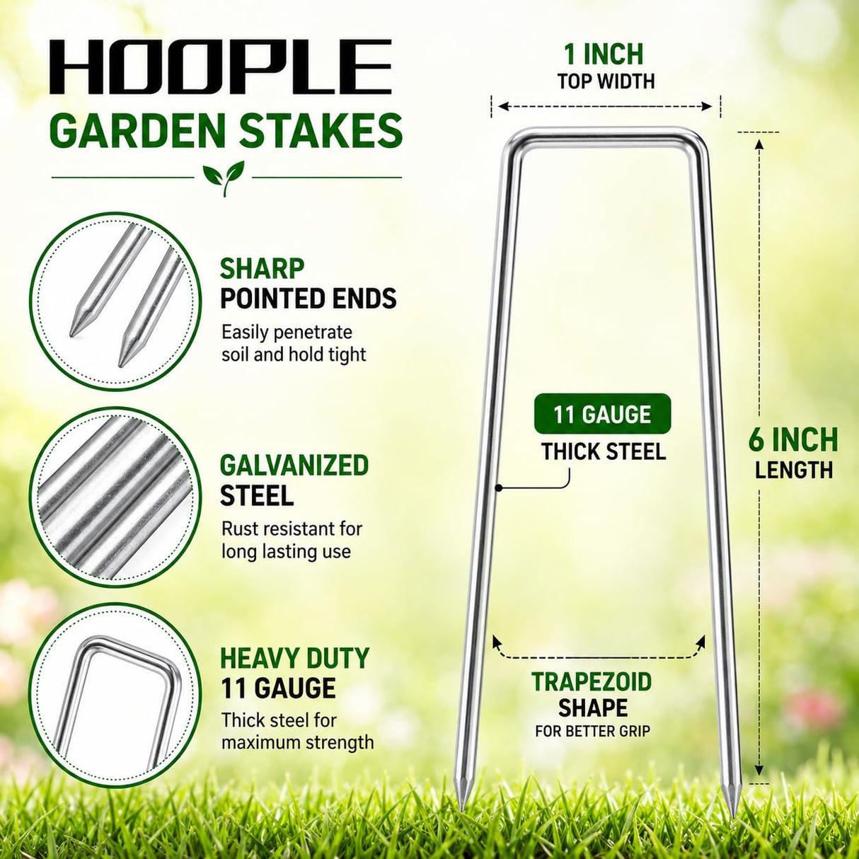 HOOPLE 200Pack 6 Inch 11 Gauge Galvanized Landscape Staples,Stakes for Outdoor Decorations, Anti-Rust Staples for Weed Barrier Fabric, U-Shaped Tent Stakes (200)