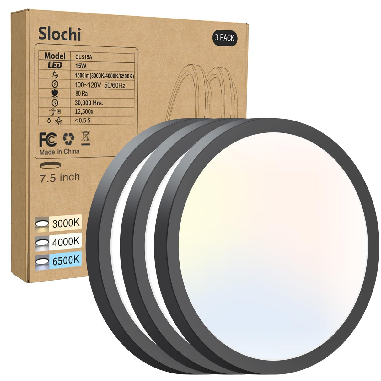 slochi 7.5Inch Ceiling Light Fixture, 3000K-4000K-6500K Flush Mount Ceiling Light 3 Pack, Ultra Thin Round White Flat led Lights for Bathroom Hallways Closet Laundry Bedroom Kitchen