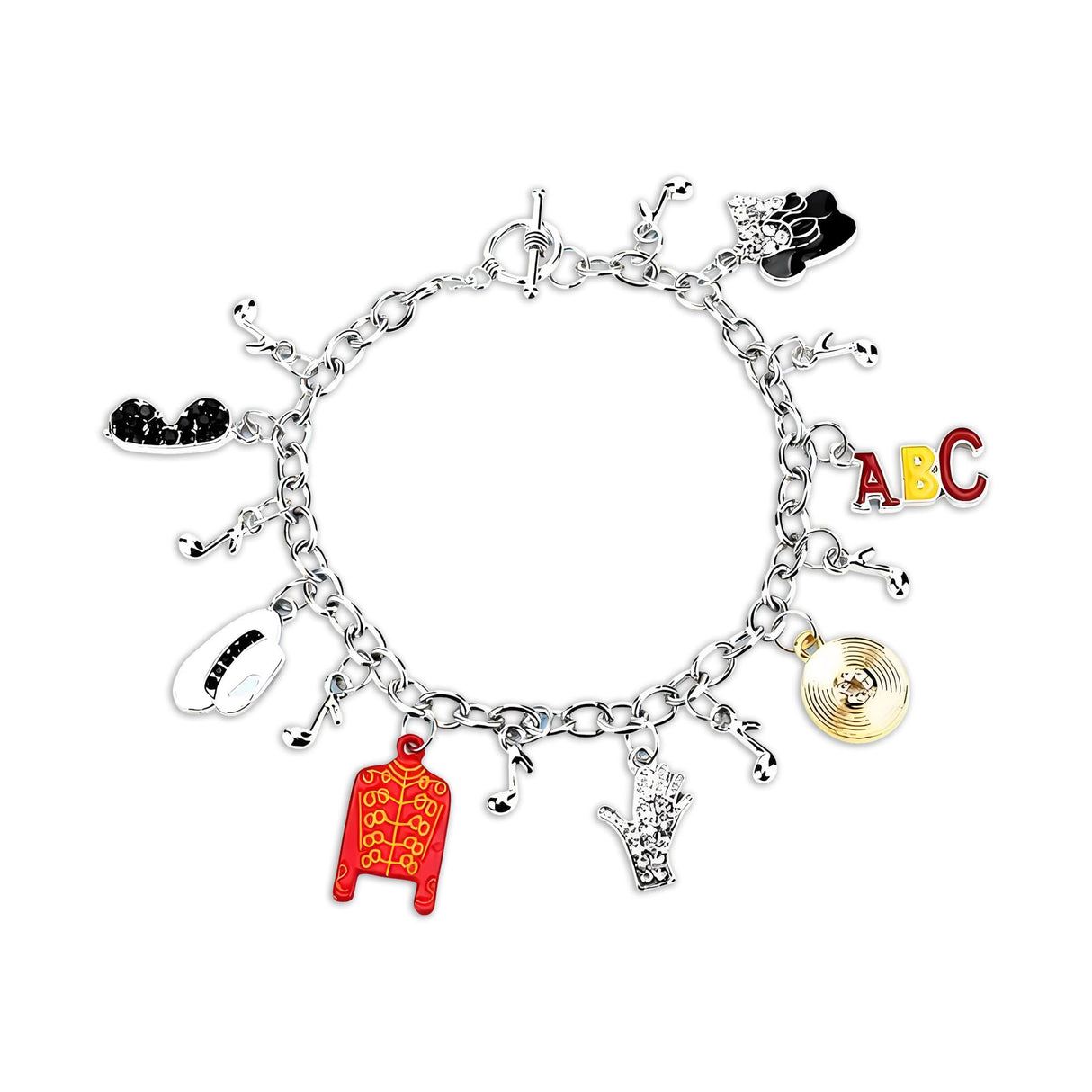 Music Inspired Charm Bracelet, Silver Chain with Red Jacket, Hat, Glove, BAD Charms, 7.29 Inch