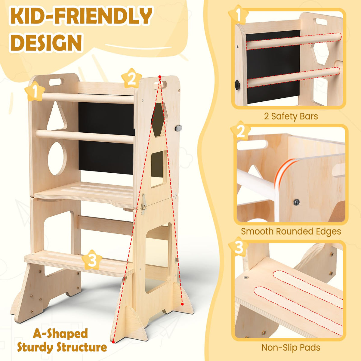 OMEW Toddler Standing Tower Anti-Tip Wooden Kitchen Step Stool,Nature