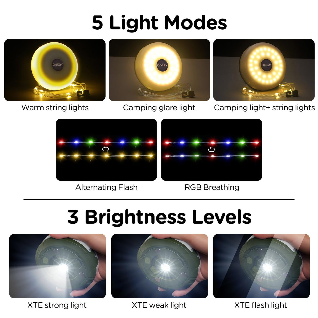 OGERY Camping String Lights, 4 in 1 Quick Storage 32.8FT Rechargeable Outdoor String Lights with 8 Lighting Modes, Hanging Portable LED Lamp for Christmas Decor Patio Awning Garden Party Essentials