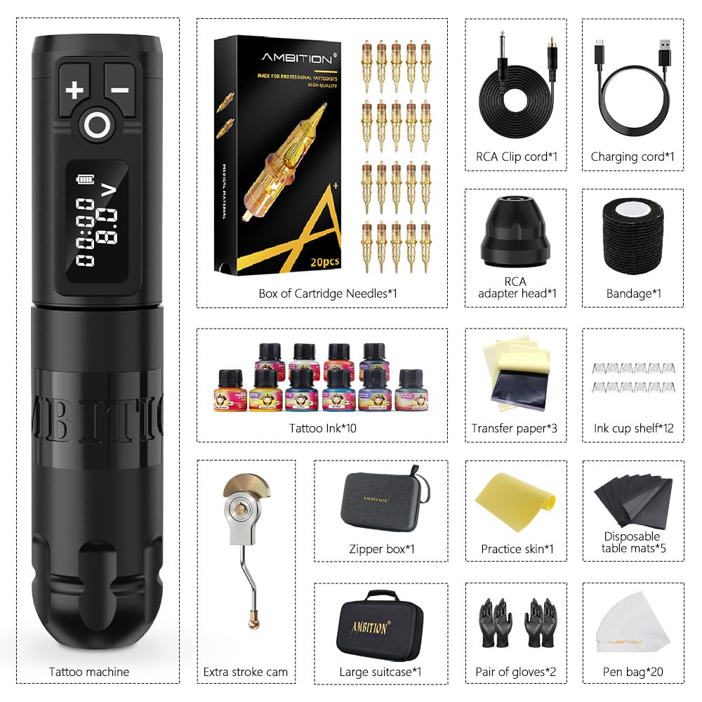 Ambition Soldier Tattoo Machine Kit Complete Rotary Wireless Tattoo Pen Gun Kit with 20pcs Glory Tattoo Cartridge Needles Practice Skin Supplies for Beginners & Professional Artists, Black