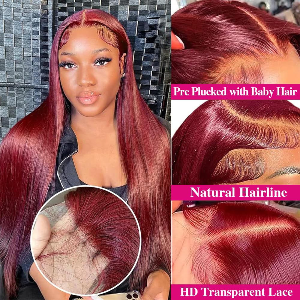 30 Inch 99j Burgundy 13x6 HD Lace Front Wigs Human Hair 250% Density Straight Burgundy Wig Human Hair Wigs for Black Women Glueless Wigs Human Hair Pre Plucked Pre Cut Frontal Wigs With Baby Hair