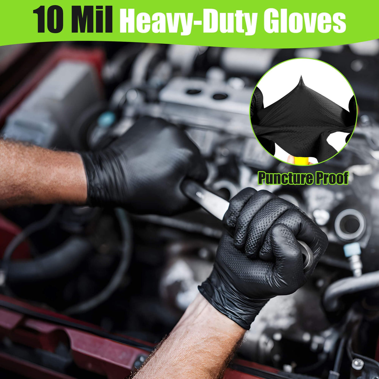 TREEGO 10 Mil Black Nitrile Gloves Heavy Duty — 3D Diamond Texture Grip, Latex Free Disposable Rubber Mechanic Gloves, X-Large, 100 Count