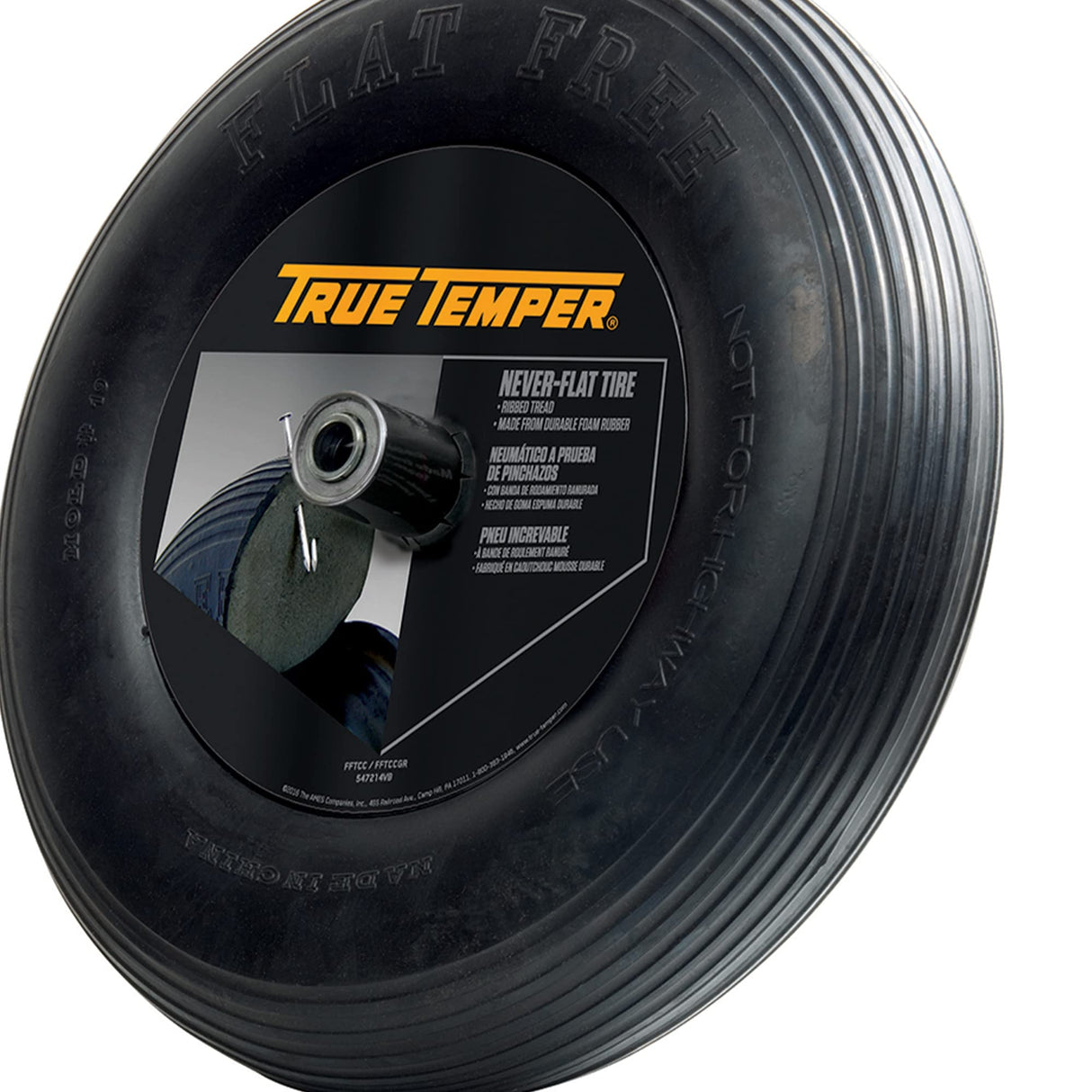 True Temper FFTCC 8 in. Hub Never Flat Wheelbarrow Tire with Ribbed Tread, 8-Inch,Black
