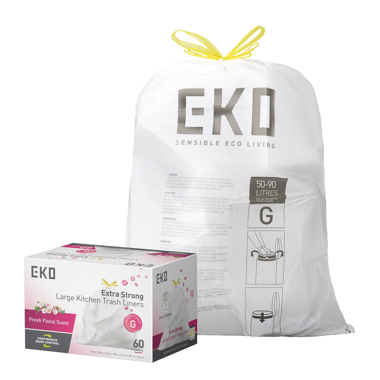 EKO 21 Gallon / 80 Liter Drawstring Trash Bags, Extra-Strong Garbage Bags, Fresh Floral Scent with Continuous Odor Control, 60 Count Easy-Dispense Roll for Kitchen and Household Use, Code G, White