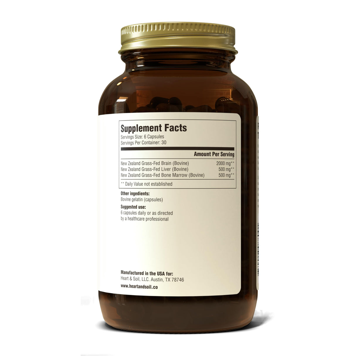 HEART & SOIL Grass Fed Beef Brain Supplement – 3000mg Brain Supplements for Memory and Focus with DHA, EPA, Choline, B12, Folate, Riboflavin, Selenium & Copper - Non-GMO, Allergen-Free - 180 Capsules