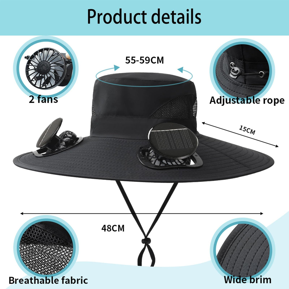 Hat with Fans Solar Power, Solar Fan Hat for Men Women, 2 Solar Fan Sun & USB Charging Sombrero Con Ventilador Solar (US, Alpha, One Size, Large, Petite Plus Size, Black)