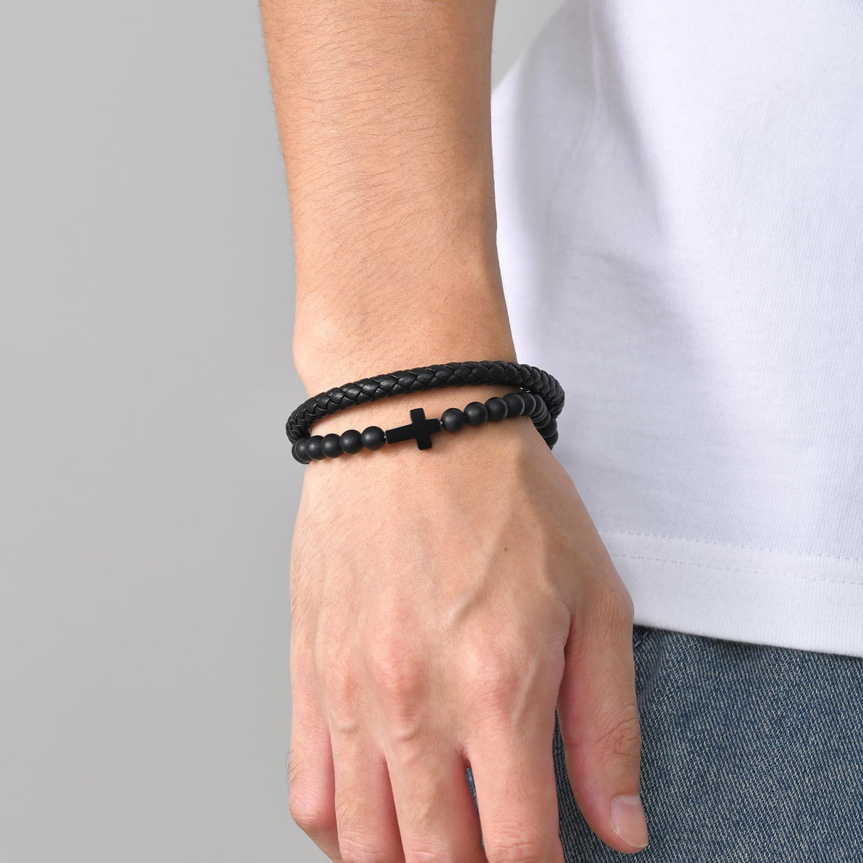 Mens Cross Bead Braided Genuine Leather Bracelet, Black Gemstone Agate Onyx Beaded Rosary Obsidian Bangle, Faith Religious Easter Catholic Christian Communion Baptism Christmas Jewelry Gift for Men