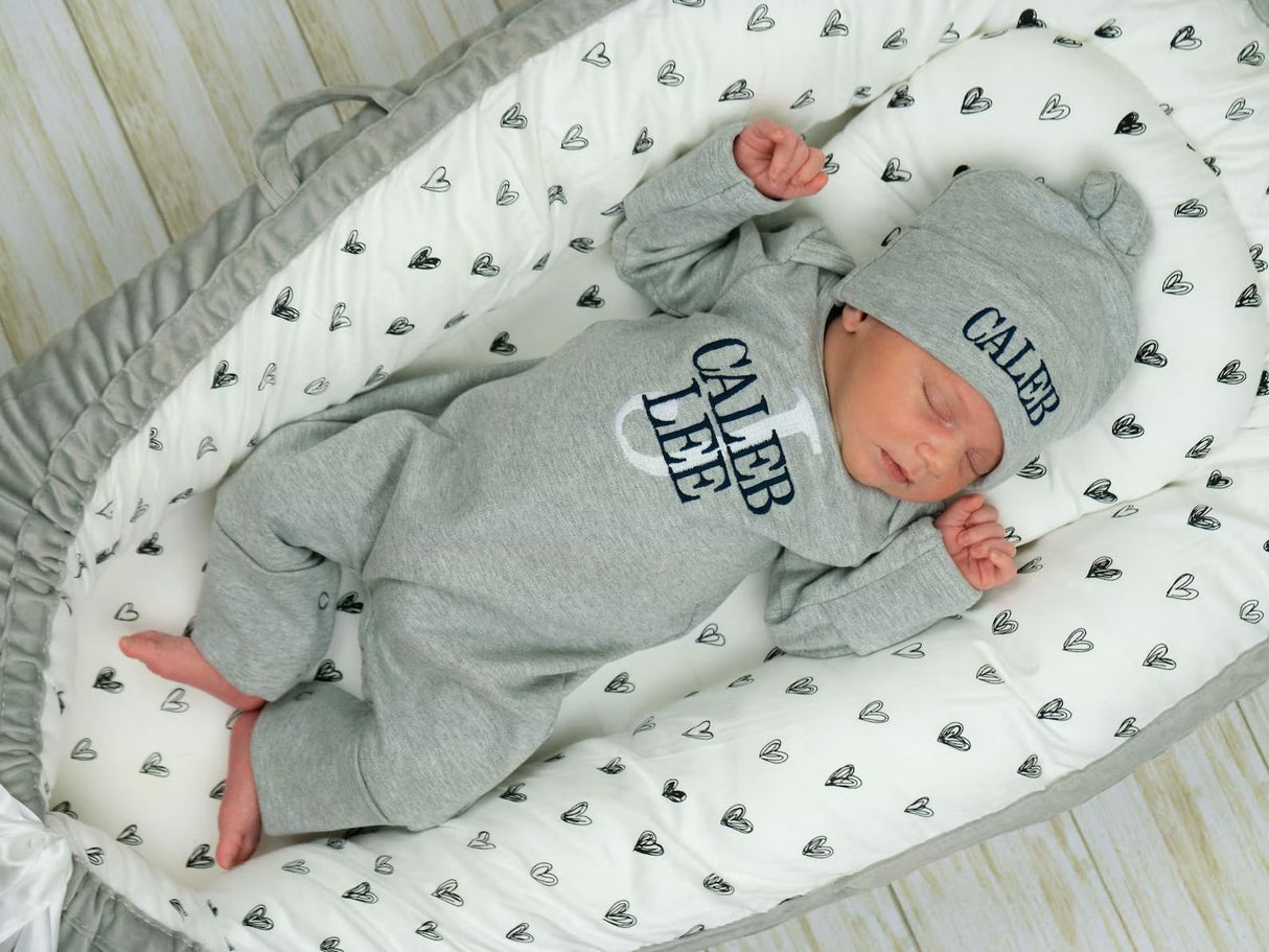 Personalized Newborn Baby Coming Home Outfit,Custom Embroidered Name Sleepwear,Infant Soft Long Sleeve Romper(style 1) (Grey, Unisex)