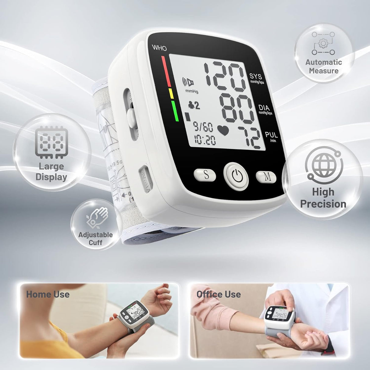 Blood Pressure Monitor Digital Wrist BP Machine Automatic BP Cuff with 2 Users 180 Memory Voice Large LCD Display Adjustable Cuff USB Charging Carrying Case, Black