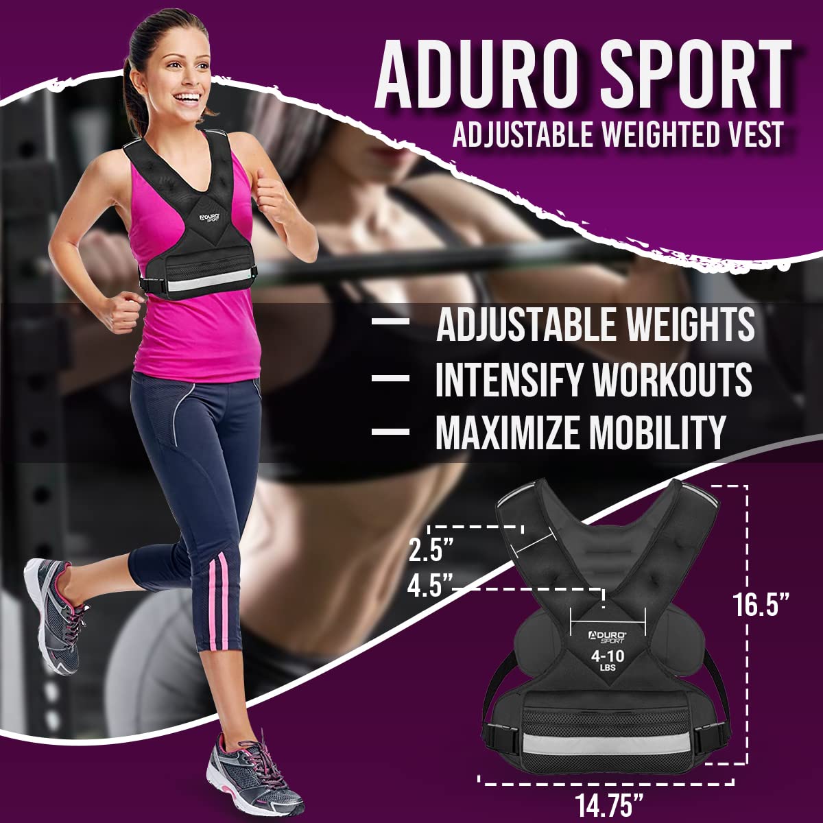 Aduro Sport Adjustable Weighted Vest Workout Equipment, 4lbs-10lbs Body Weight Vest for Men, Women, Kids, Black