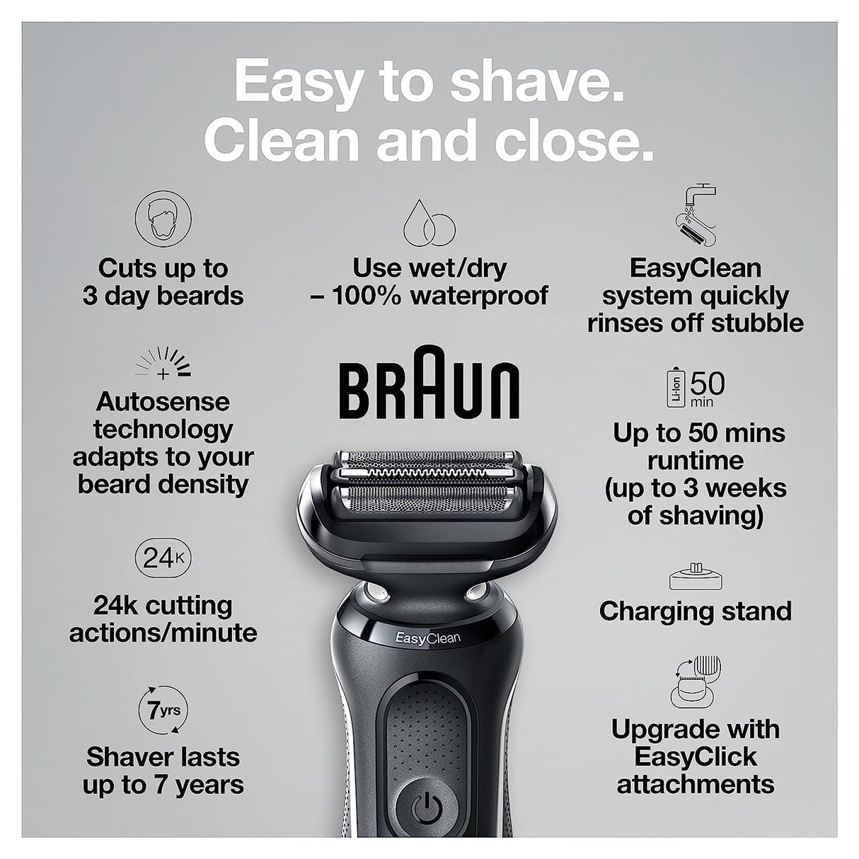 Braun Electric Razor for Men, Waterproof Foil Shaver, Series 5 5050cs, Wet & Dry Shave, with Beard Trimmer and Body Groomer, Rechargeable, Charging Stand Included, Blue