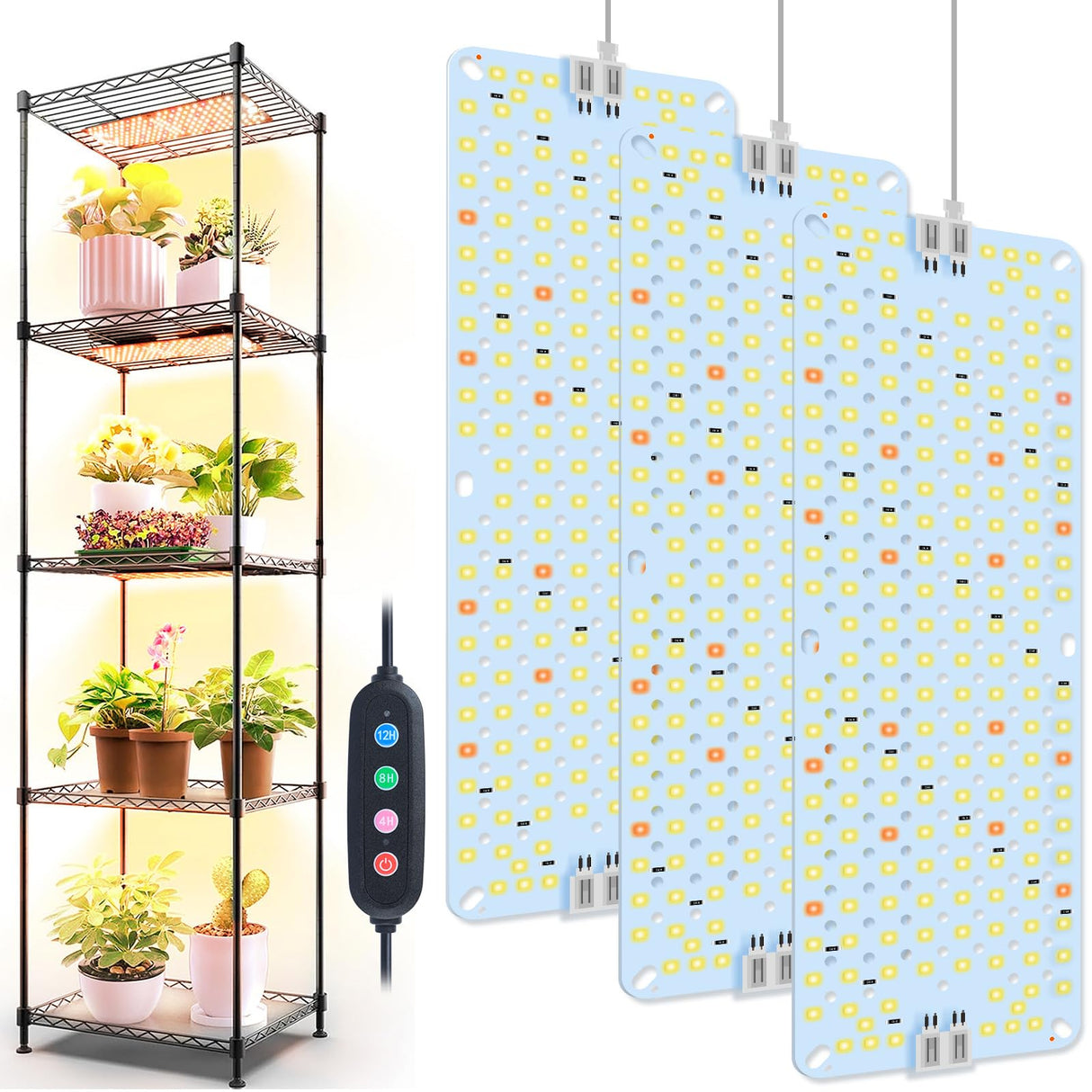 3Panel Grow Lights for Indoor Plants, Seed Starting, Veg, Pot Plants, Bonsai with Timer 4/8/12/16/20H, Ultra-Thin Under Cabinet & Shelf Full Spectrum LED Plant Growing Lamps, Multi-Panels Free Connect