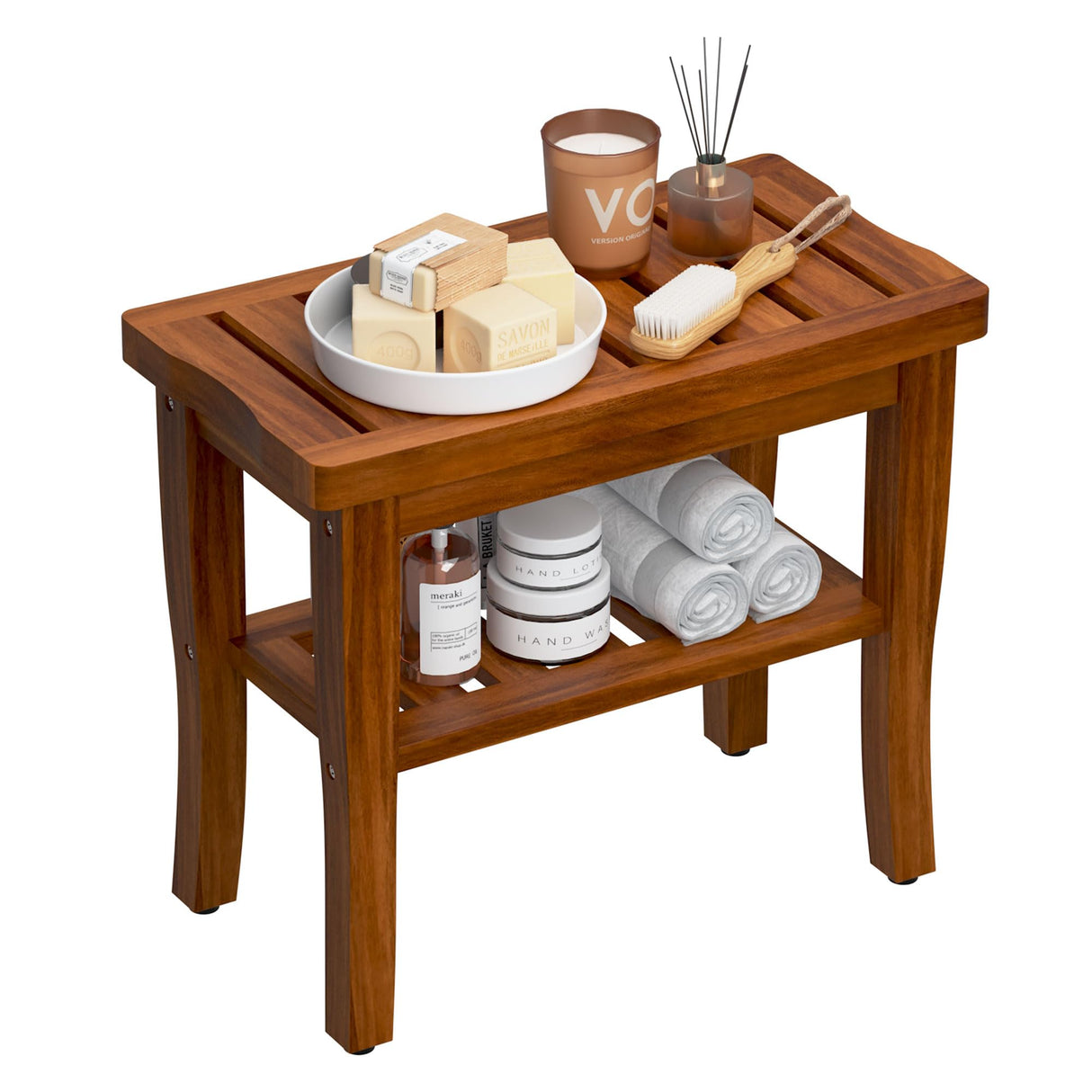 Teak Shower Bench Stool with Storage Shelf, Waterproof Shower Chair Spa Bath Seat, Shower Stool for Inside Shower, Bathroom Bench Seat for Adults Elderly Seniors for Indoor or Outdoor Use