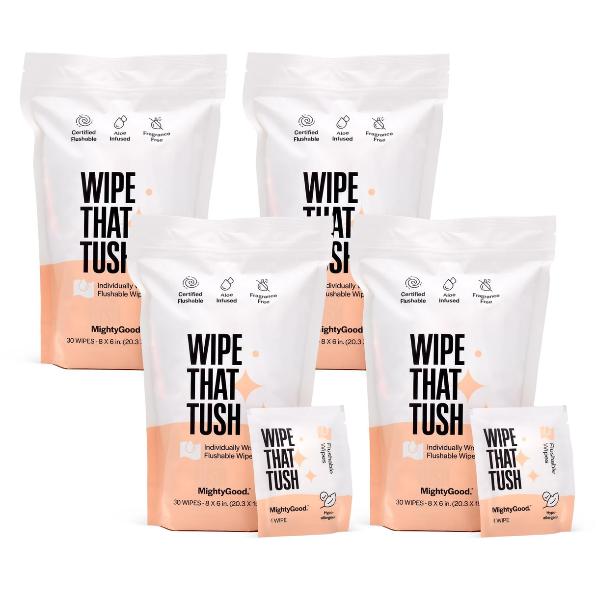 MightyGood. Wipe That Tush On-The-Go Flushable Wet Wipes - 4 Pack, 120 Wipes - Individually Wrapped Extra-Large Wipes with Aloe - Hypoallergenic & Unscented - Septic and Sewer Safe