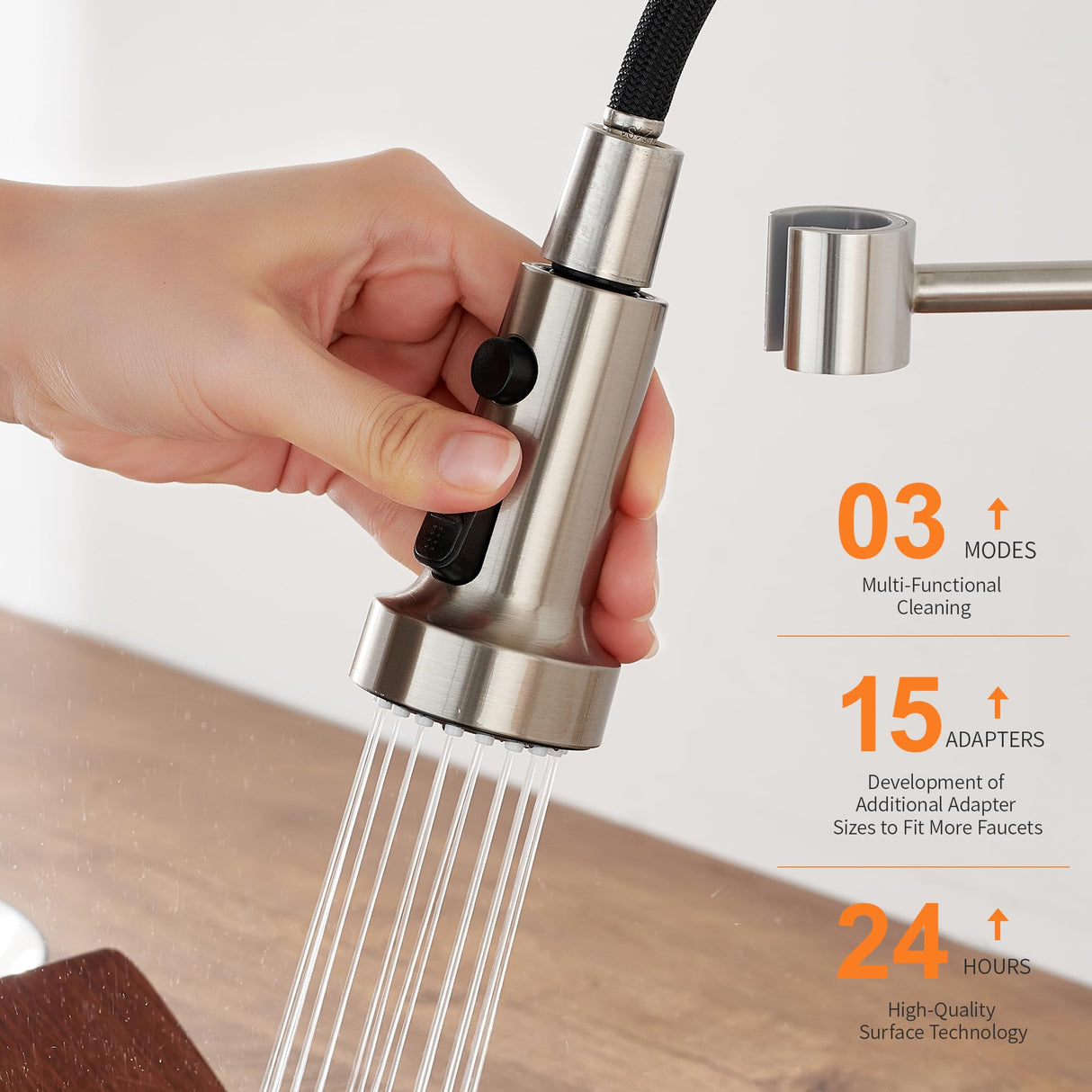 TIORIY Pull Down Spray Head Replacement - for Kitchen Faucet Sprayer Head with 15 Adapters, 3 Function Pull Out Faucet Spray Nozzle, Brushed Nickel