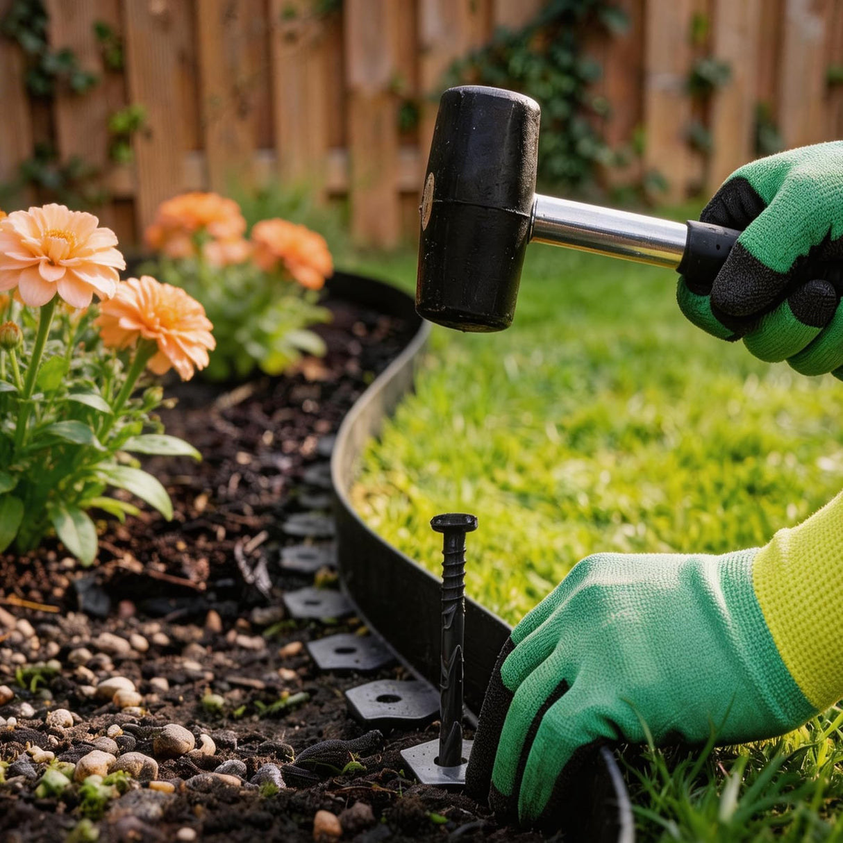 4in x 50ft No Dig Landscape Edging, Garden Edging Border with 75 Spikes, Hammer & Gloves, Tool-Free HDPE Lawn Edging Kit for Garden Yard Flower Beds Pathway Landscaping Project