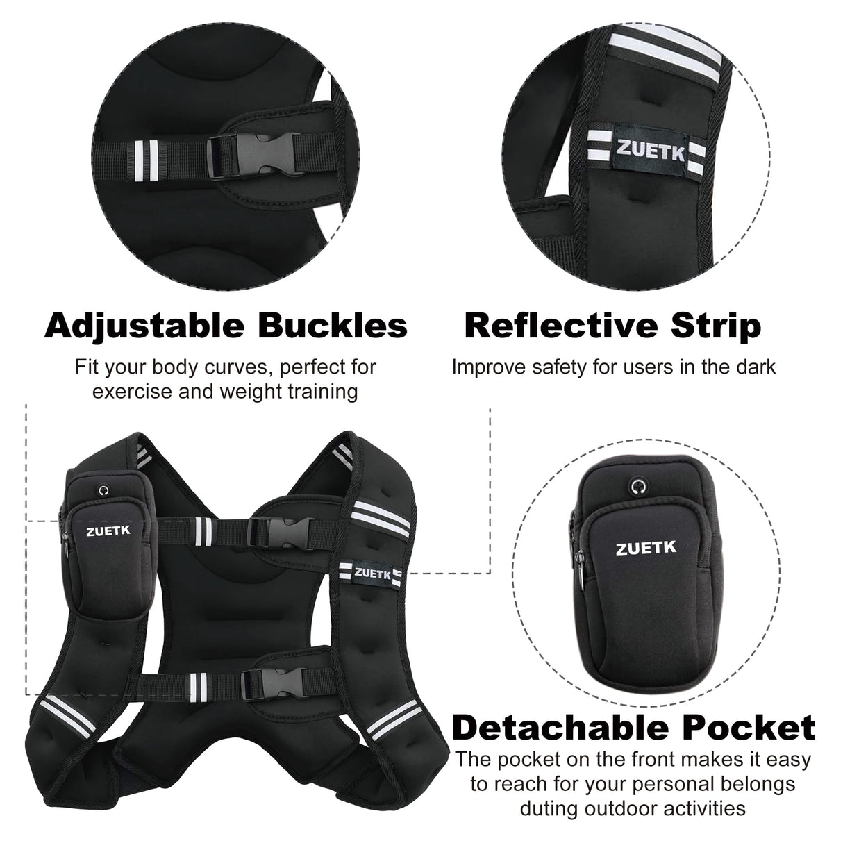 ZUETK Weighted Vest, 6lb/8lb/12lb/16lb/20lb/25lb/30lb Weight Vest with Reflective Stripe, Weighted Vest for Men Women Workout Equipment for Strength Training, Running, Jogging, Fitness, Weight Loss