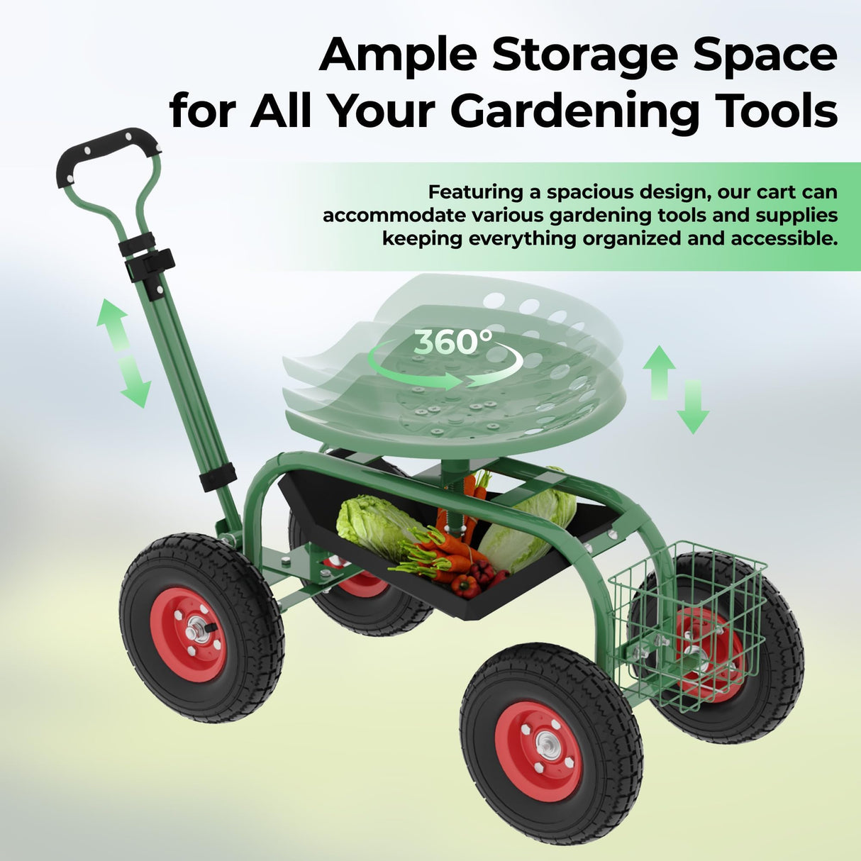 PeacefulHues Garden Scooter Rolling Work Seat – 360° Swivel Garden Cart with Wheels, Tool Tray & Steering Handle – Heavy Duty Outdoor Stool for Planting, Weeding & Yard Work
