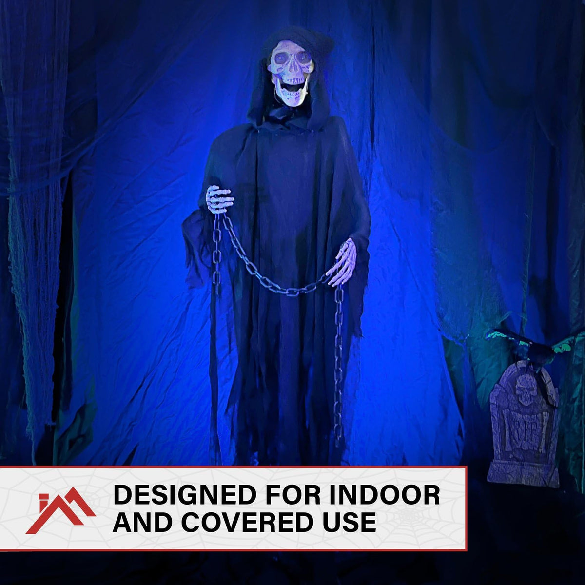 Haunted Hill Farm Life-Size Scary Grim Reaper with Chain, Halloween Animatronic with Touch Activated Lights and Sounds, Battery Operated Indoor or Covered Outdoor Halloween Decorations, Halloween Prop