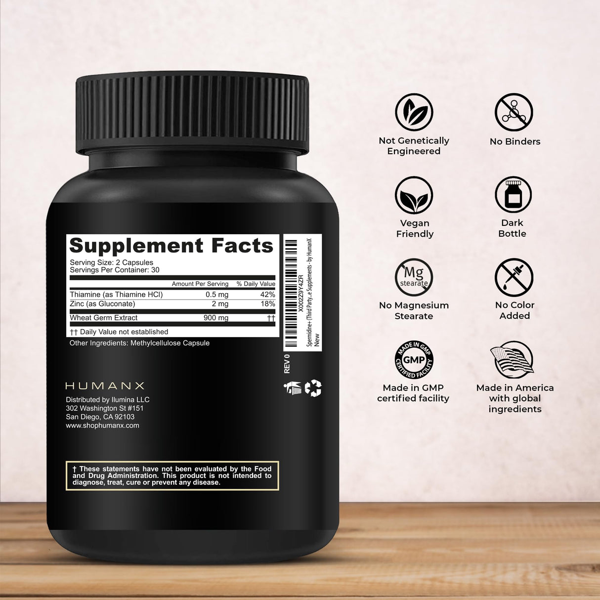 HUMANX Spermidine+ (USA Third Party Tested) - Spermidine-Rich Wheat Germ Extract & Zinc to Activate Cellular Renewal - Non-GMO, Spermidine Capsules - Supports Healthy Aging - Spermidine Supplement