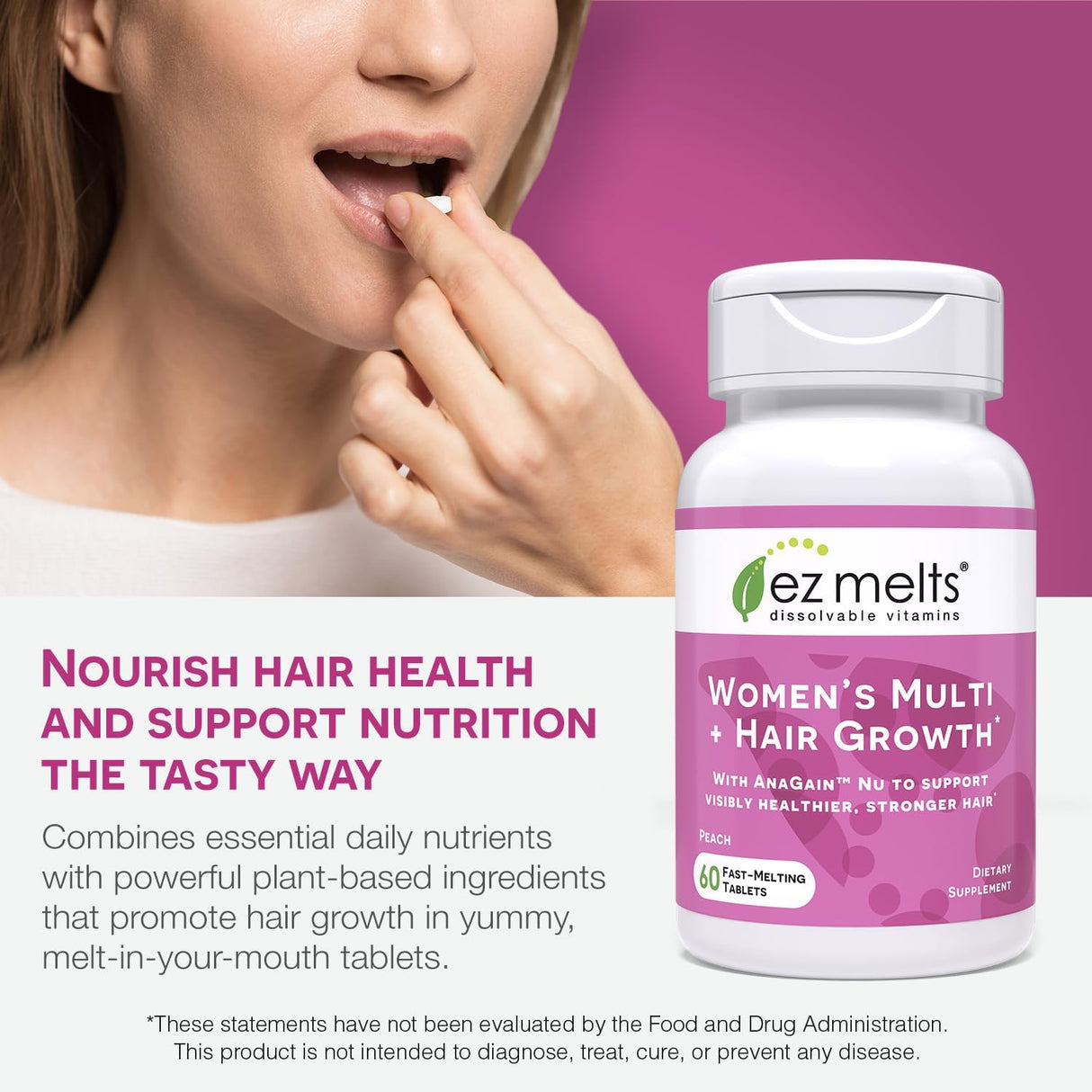 EZ Melts Dissolvable Women’s Multivitamin + Hair Growth with Biotin, Bamboo Extract & Clinically Studied AnaGain Nu, Supports Visibly Healthier, Stronger Hair, Sugar-Free Peach Flavor, 1-Month