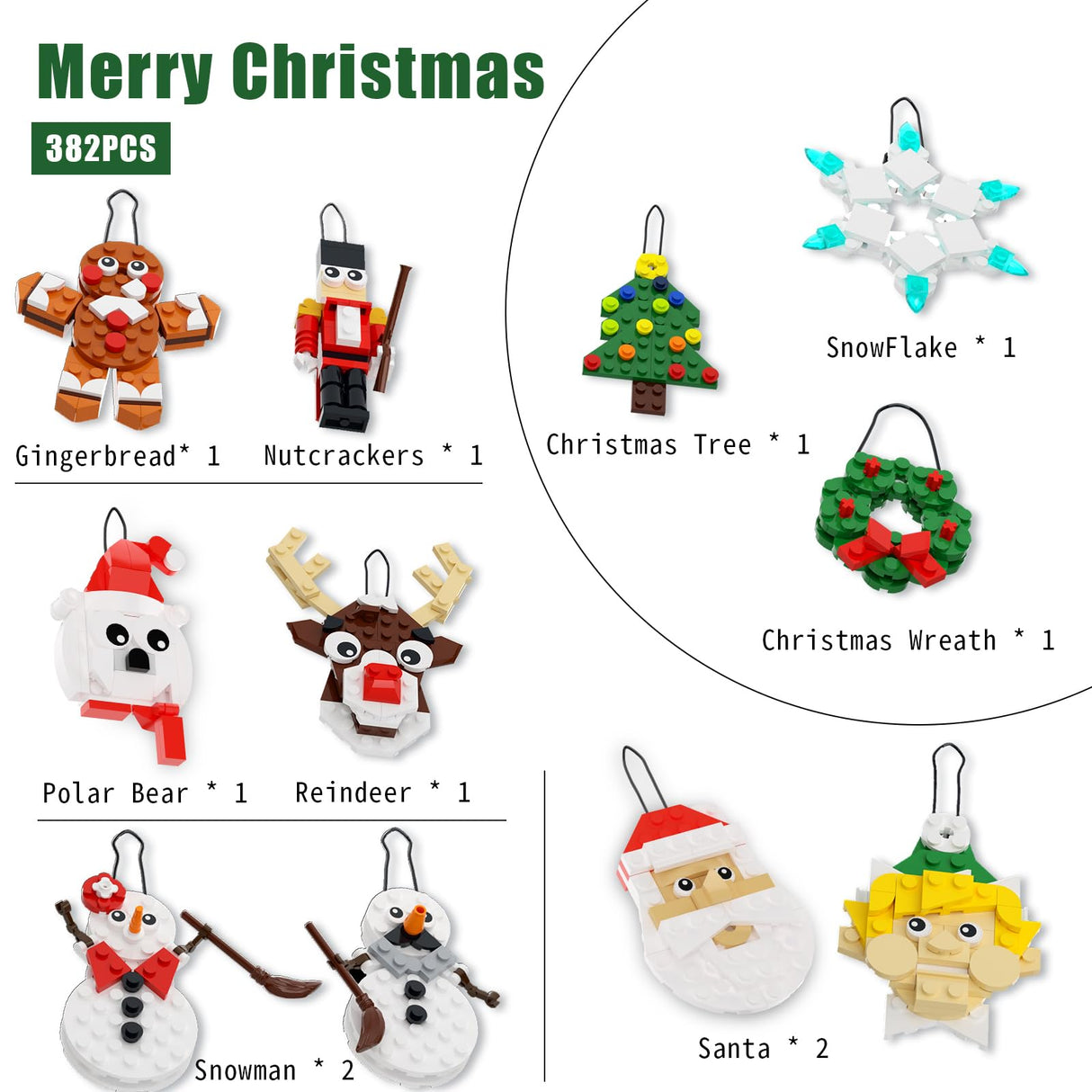 Christmas Ornaments Building Kit, Christmas Tree, Wreath, Santa, Snowman, Gingerbread, Reindeer, Nutcrackers, Snowflake 11-in-1. Stocking Stuffers Decor Toys Gifts for Boys Girls Kids.