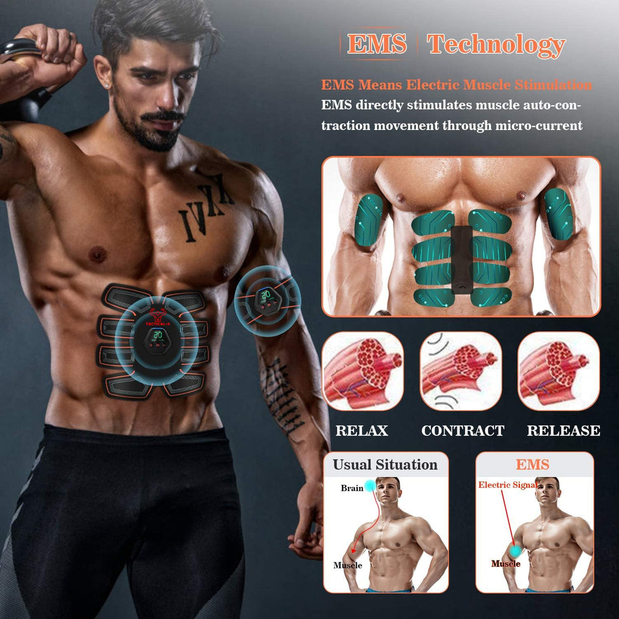 Tactical X Abs Stimulator Military Grade, Vital Flex Core Ab Stimulator Military Grade, MHD TENS - Ab Stimulator and for Easy Abs Muscle Stimulation and Muscle Activation, Ideal Home Gym Device,Unisex