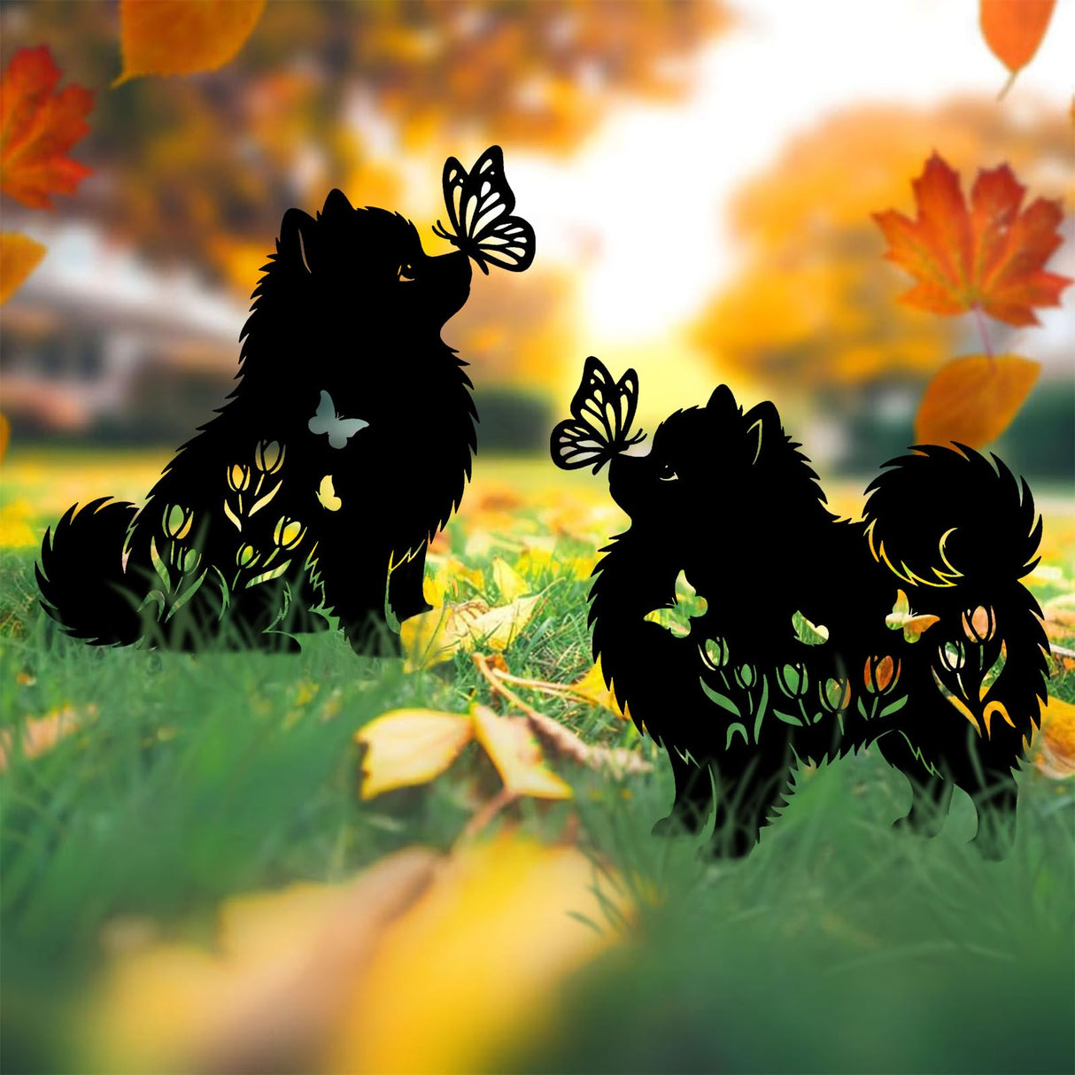 Pomeranian Metal Decorative Garden Stakes for Memorial Yard Art, Lawn Ornaments, Outdoor Decor 2 PCS