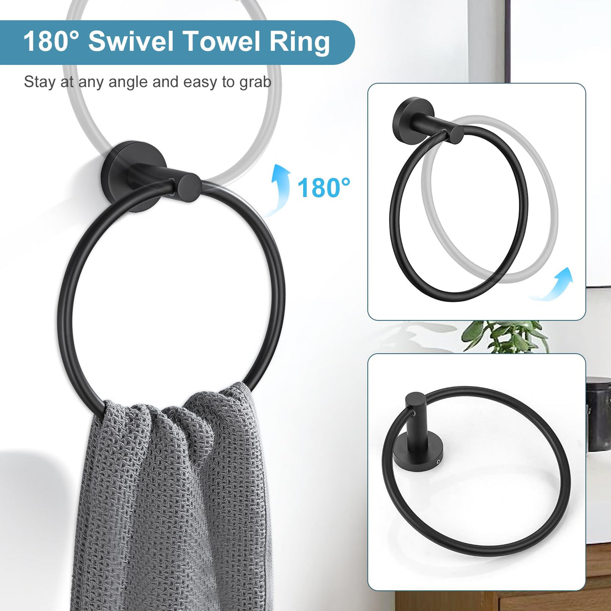 TQKAG Matte Black Bathroom Hardware Set 6-Piece Bathroom Accessory Set 23.6 Inch Round Stainless Steel Towel Bar Set Wall Mounted