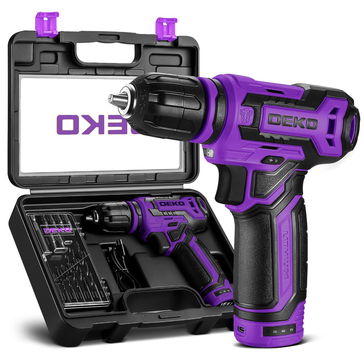 Cordless Drill:DEKOPRO 12V Power Drill Set 800RPM Electric Drills Small Drills with 3/8-inch Keyless Chuck and Portable Tool Set Gift Box (Purple)
