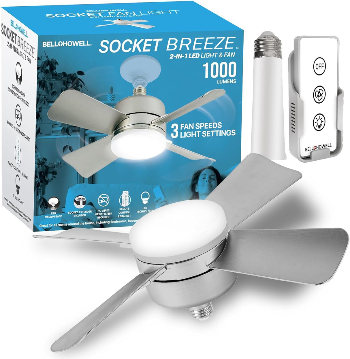Bell+Howell Socket Breeze Cool Light Deluxe Silver โ Ceiling Fans with LED Lights and Remote Control, Replacement for Lightbulb - Bedroom, Kitchen, Living Room,1000 Lumens / 5000 Kelvins