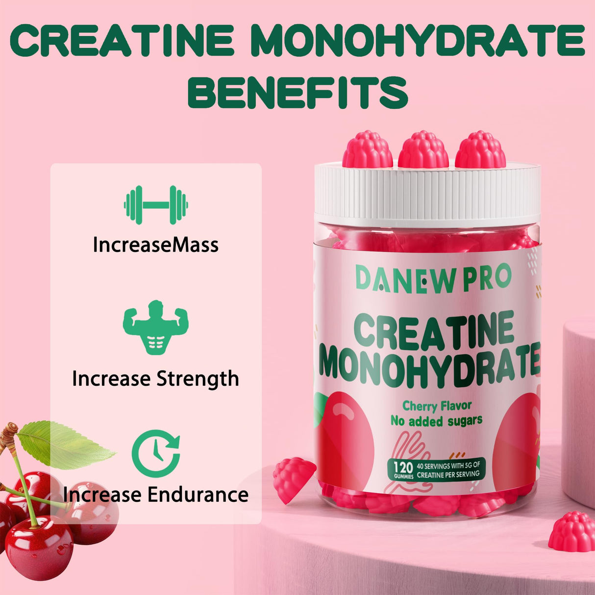 DANEW Pro Creatine Monohydrate Gummies 5000mg for Men & Women, Creatine Monohydrate for Muscle Strength, Muscle Builder, Energy Boost, Pre-Workout Supplement(120 Count)-Cherry Flavor
