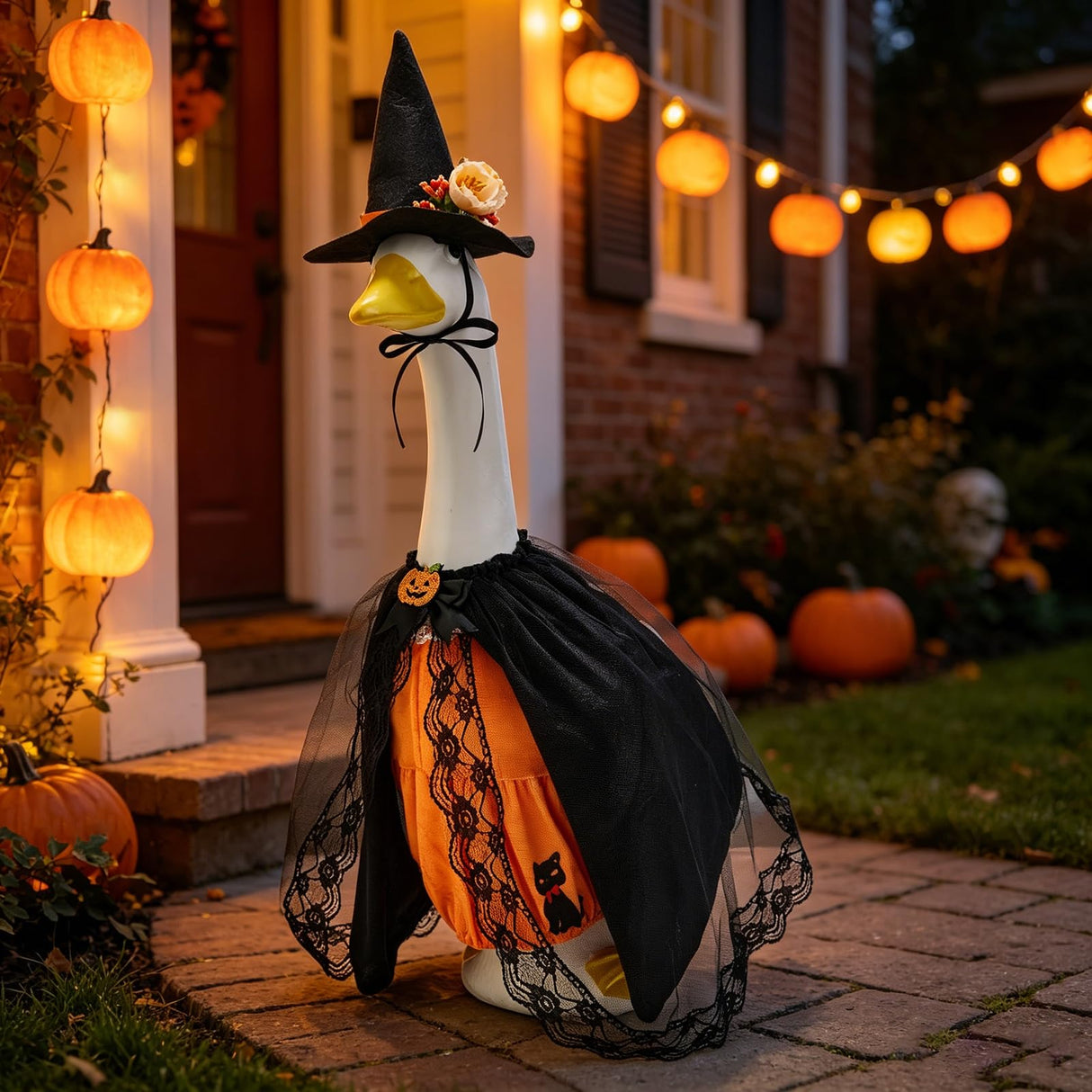 Covvoliy Old Lady Porch Goose Outfits Grandma Goose Clothes Glasses Curly Wig Floral Print Dress Cardign and Pearl Necklace,23'' Geese Statue Outdoor Patio Yard Lawn Decoration (Black)