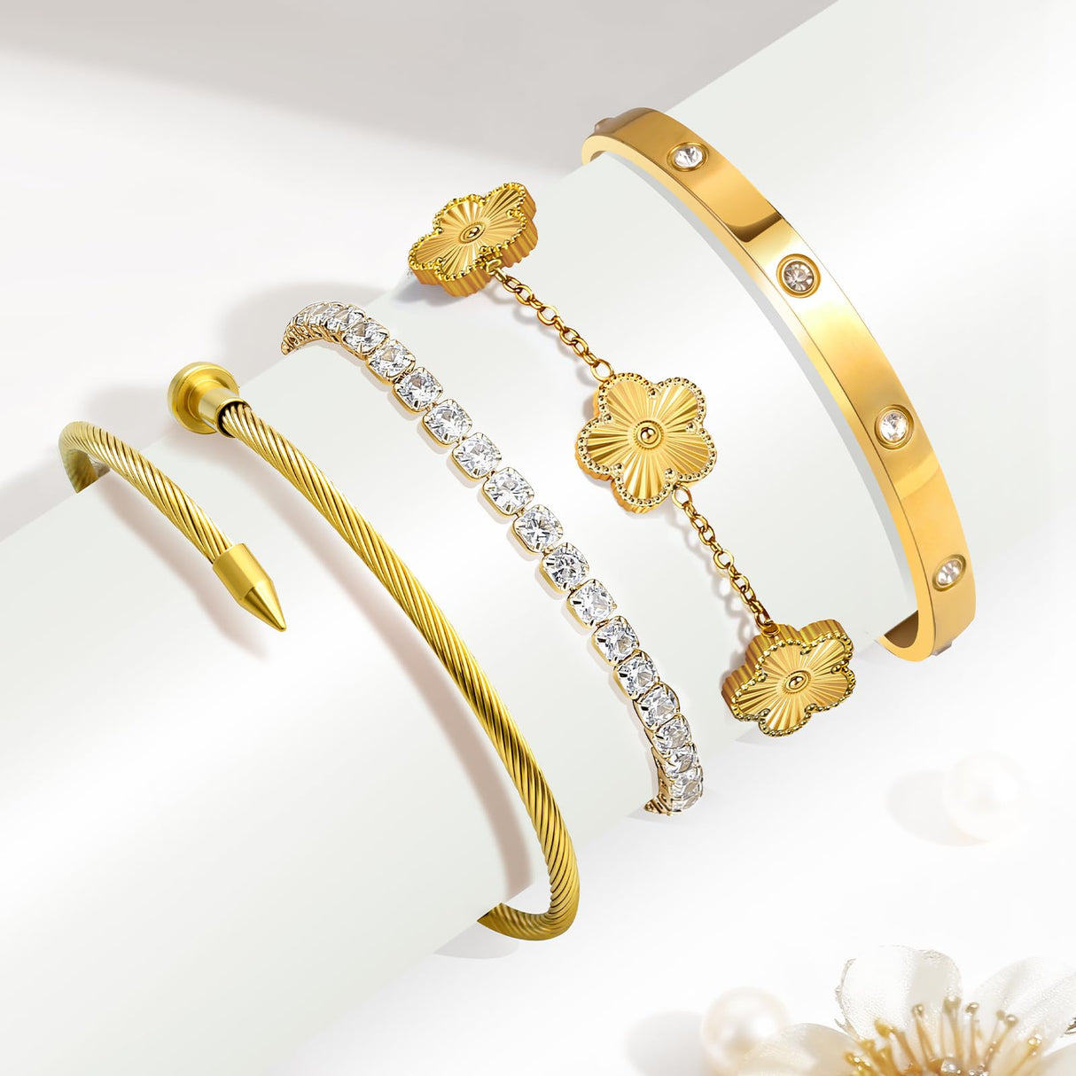 MOINSPIRE 18K Gold Plated Bracelets for Women, Stainless Steel Four Leaf Clover Tennis Nail Love Bangle Bracelets Set, Trendy Stackable Twist Cuff Bracelet Non Tarnish Jewelry Gifts Choice