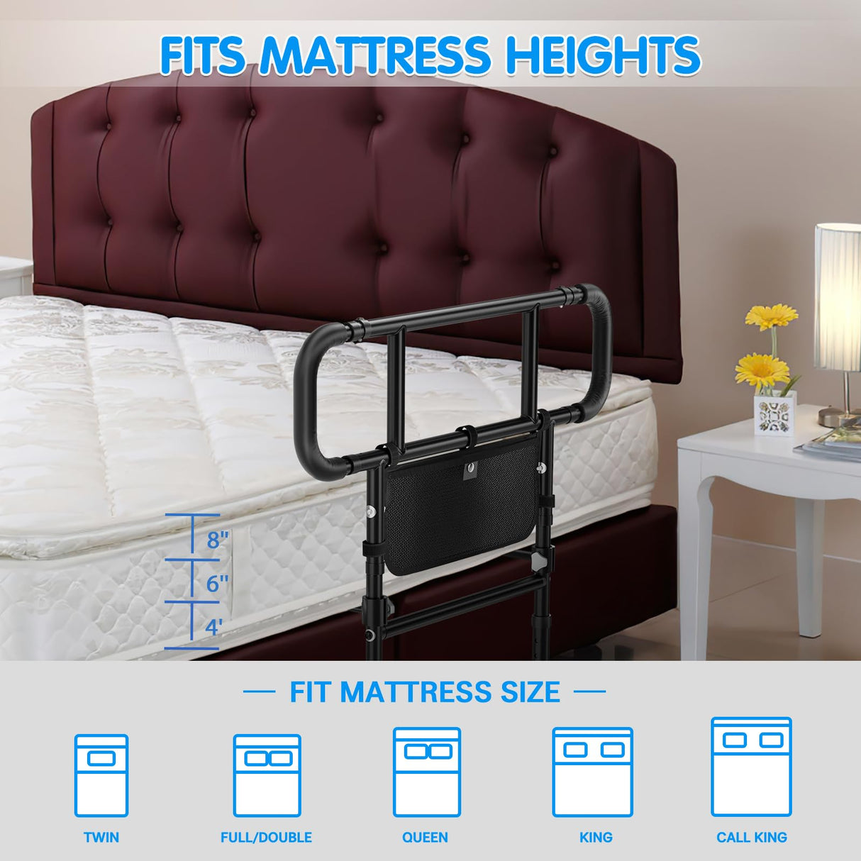 FORTEMOTUS Bed Rails for Elderly Adults Safety Foldable - Heavy Duty Bed Assist Rails for Senior, with Extendable Bed Guard Rails, Adjustable Heights, Storage Pocket& Safety Belt, can Withstand 450LB