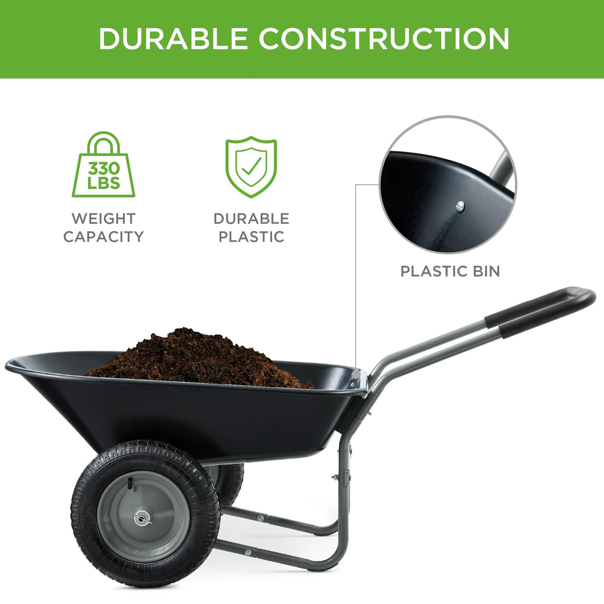 Best Choice Products Dual-Wheel Home Utility Yard Wheelbarrow Garden Cart w/Built-in Stand for Lawn, Gardening, Construction - Black