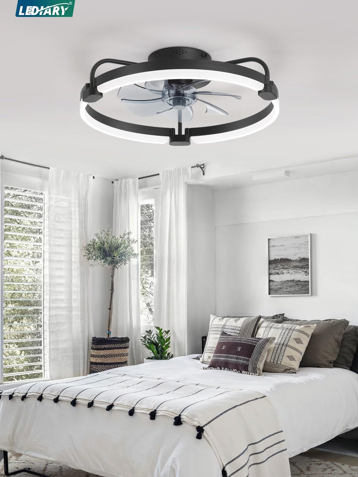 LEDIARY Ceiling Fans with Lights and Remote, 20'' Low Profile Ceiling Fan with Light, 3000-6000K Dimmable Fandelier LED Fan Light, 6 Wind Speeds, Black Modern Flush Mount Ceiling Fan for Bedroom
