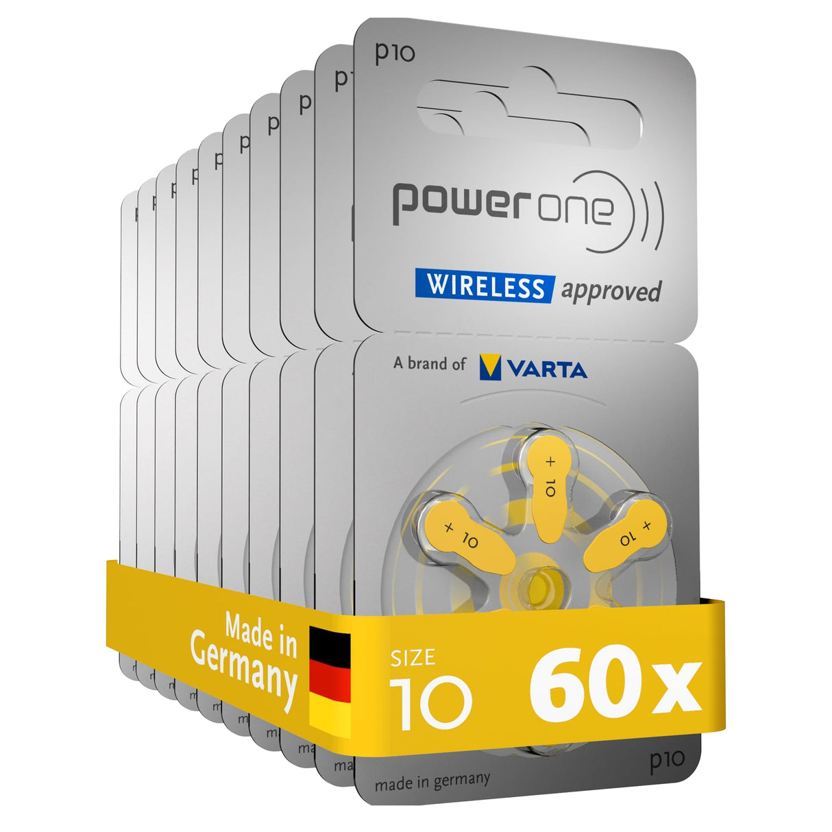 Power one Hörgerätebatterien Typ 10 gelb, Batterien 60 Stück Vorratspack, wireless approved, Größe p10 für Hörgeräte und Hörhilfen, high hearing level, quecksilberfrei, Made in Germany