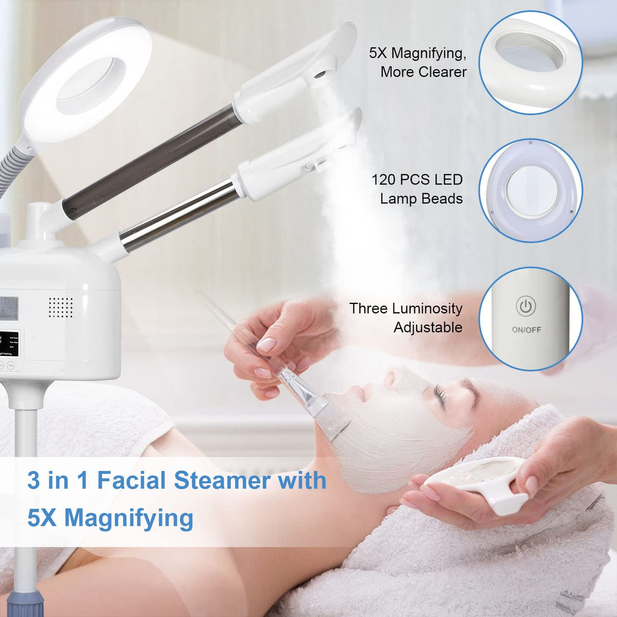 Facial Steamers Professional 3 in 1 Facial Steamer with 5X Magnifying Lamp, Upgrade PTC Heating, Hot/Cool Mist Steamer for Home Salon Spa Beauty