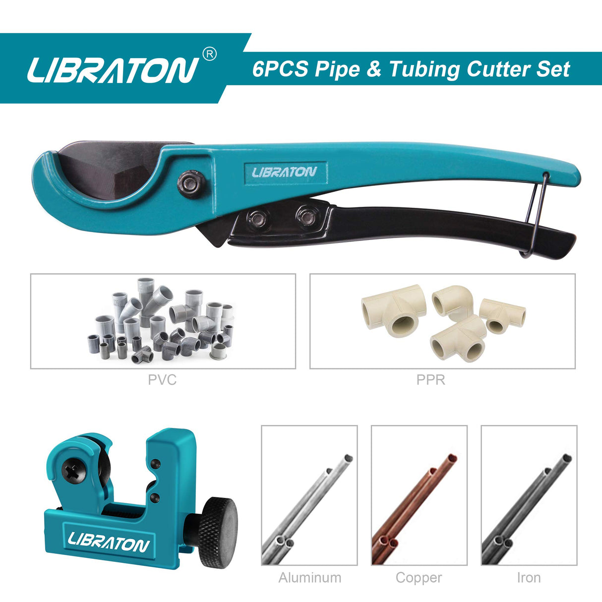 Libraton Pex Cutter 1-1/4", Pex Pipe Cutter, PEX Tube Cutter 1/8" to 7/8", PEX Pipe Cutting Tools for PEX, PVC (Thin), PPR Plastic, Extra PTFE Seal Tapes 400"