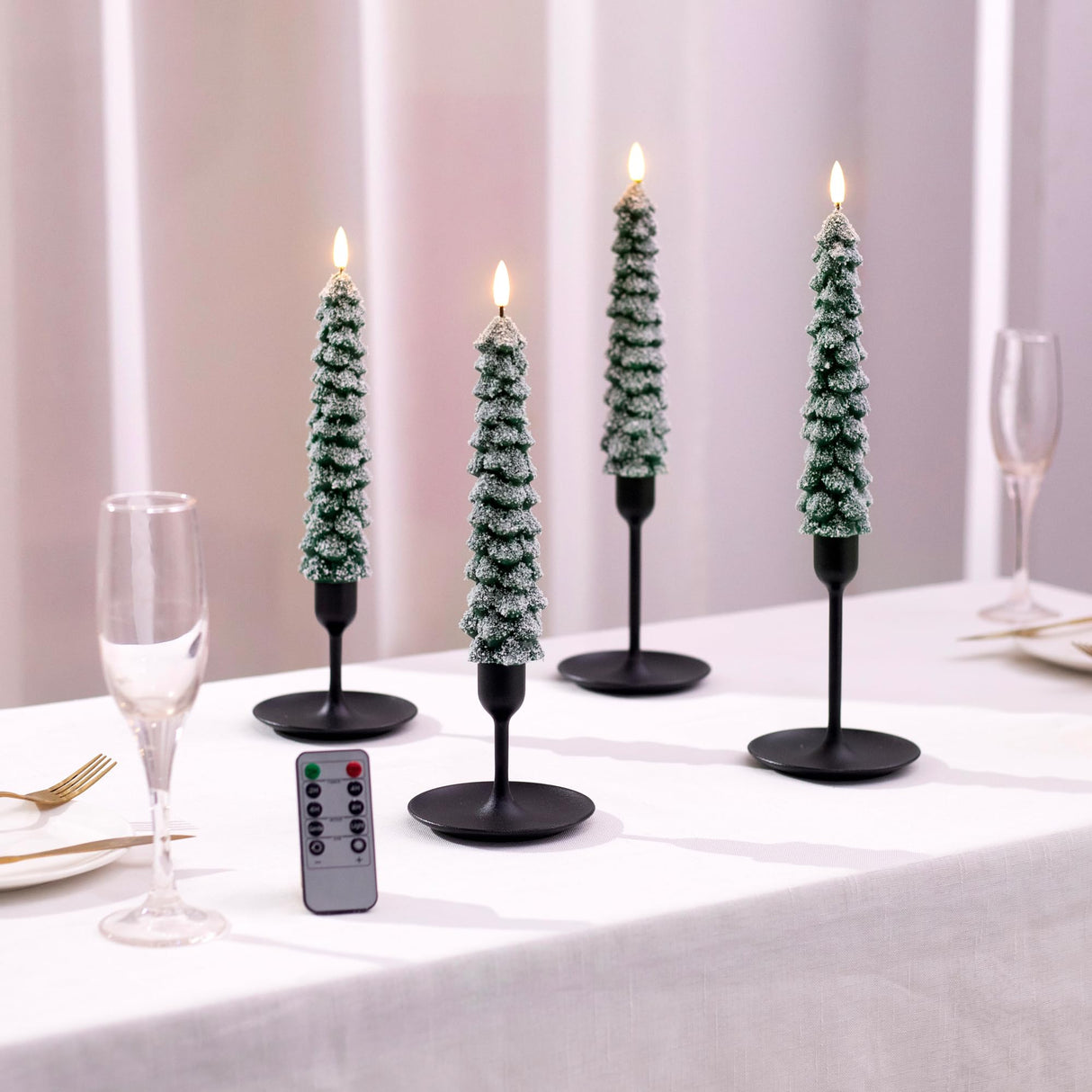 Stmarry 4 PCS Flameless Christmas Tree Candles with Remote, Snow Covered Real Wax Flameless Taper Candles 9.65 Inch, LED Candlesticks Battery Operated with 3D Flickering Flame, Christmas Candles Decor